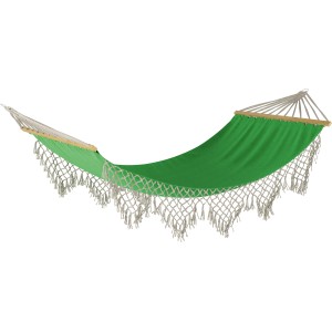 Grüne Hängematte Salcha aus Polycotton mit dekorativen Volants für Garten und Terrasse.