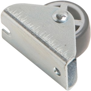 Möbel-Bockrolle mit grauem Softrad, Ø 25mm, Traglast 30kg, Gehäuse aus verzinktem Stahlblech.