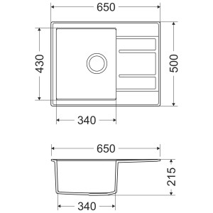 Skizze der graphitfarbenen Miló Einbauspüle Luxuria 65 aus Granitverbundstoff mit Maßangaben.