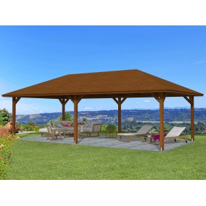Holz-Pavillon Orleans 3, nussbaum lasiert, 424x836 cm. Gartenlaube mit robuster Leimholz-Konstruktion.