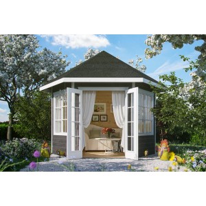 Skan Holz Pavillon Almelo, schiefergrau, 350x303 cm. Gartenlaube mit Doppeltür und Fenstern im Garten.