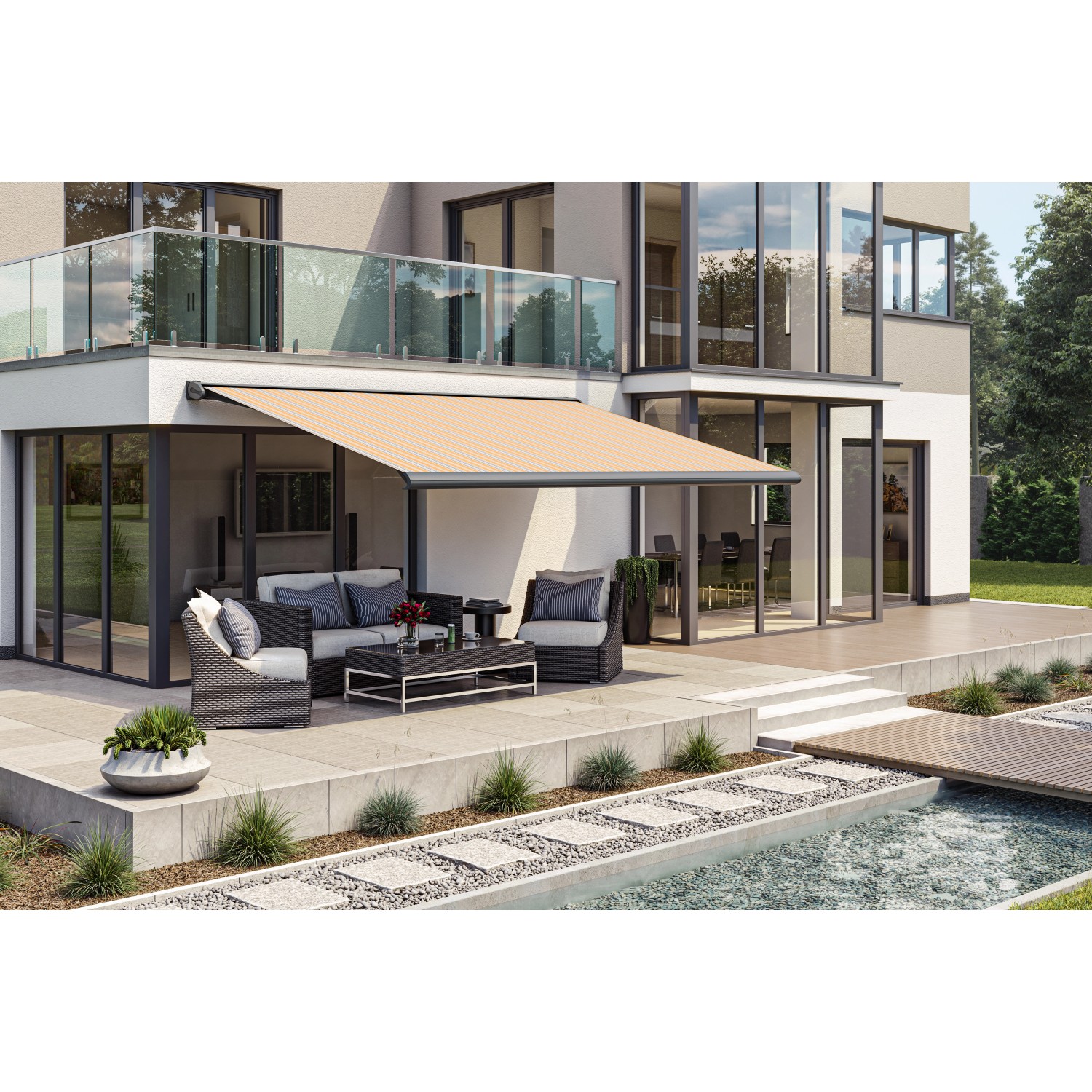 Anthrazitfarbene Wismar Kassettenmarkise mit gelb-grauem Stoff, 200x150 cm, mit E-Motor.