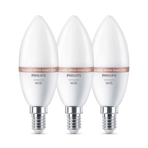3er Set Philips WIZ E14 LED-Leuchtmittel in Kerzenform, 2700K, 470lm, 5W, smarte Steuerung.