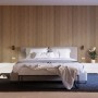 Schlafzimmer mit Akustikpaneel Wandverkleidung Eiche Natur und schwarzem Akustikfilz.
