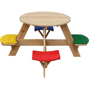 Runder Axi UFO-Picknicktisch Regenbogen mit farbigen Sitzen (Rot, Gelb, Grün, Blau) aus Holz.