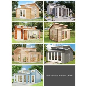 Alpholz Gartenhaus Lausitz Serie: Verschiedene Ausführungen des Holz-Gartenhauses mit Pultdach.