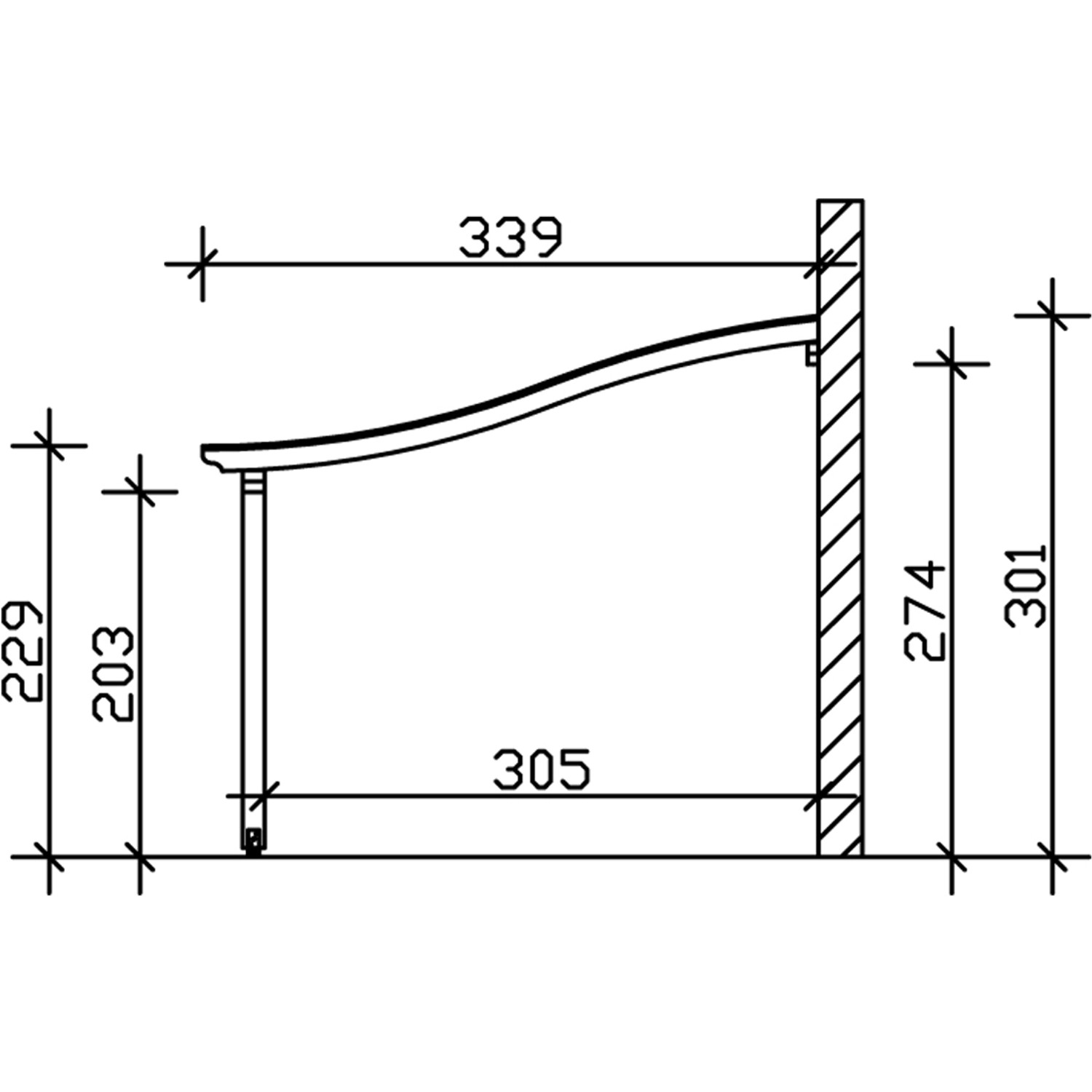 Technische Zeichnung der weißen Skan Holz Terrassenüberdachung Venezia 648x339 cm mit Maßangaben.