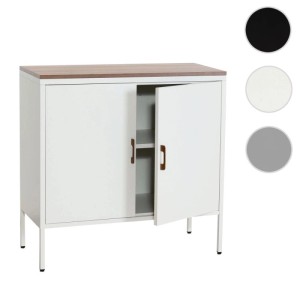 Weiße MCW Kommode L84-2 mit zwei Türen, Holzelement oben und Metallgestell.
