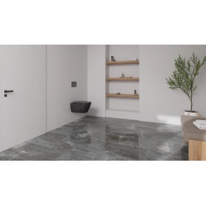 Check One Click-Vinylboden Levin Marmor im Badezimmer mit Wand-WC und Regalen.