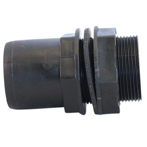 Schwarze Tankdurchführung 47,8 mm mit HT-Spitzende DN50 für Regentonnen und Wassertanks.