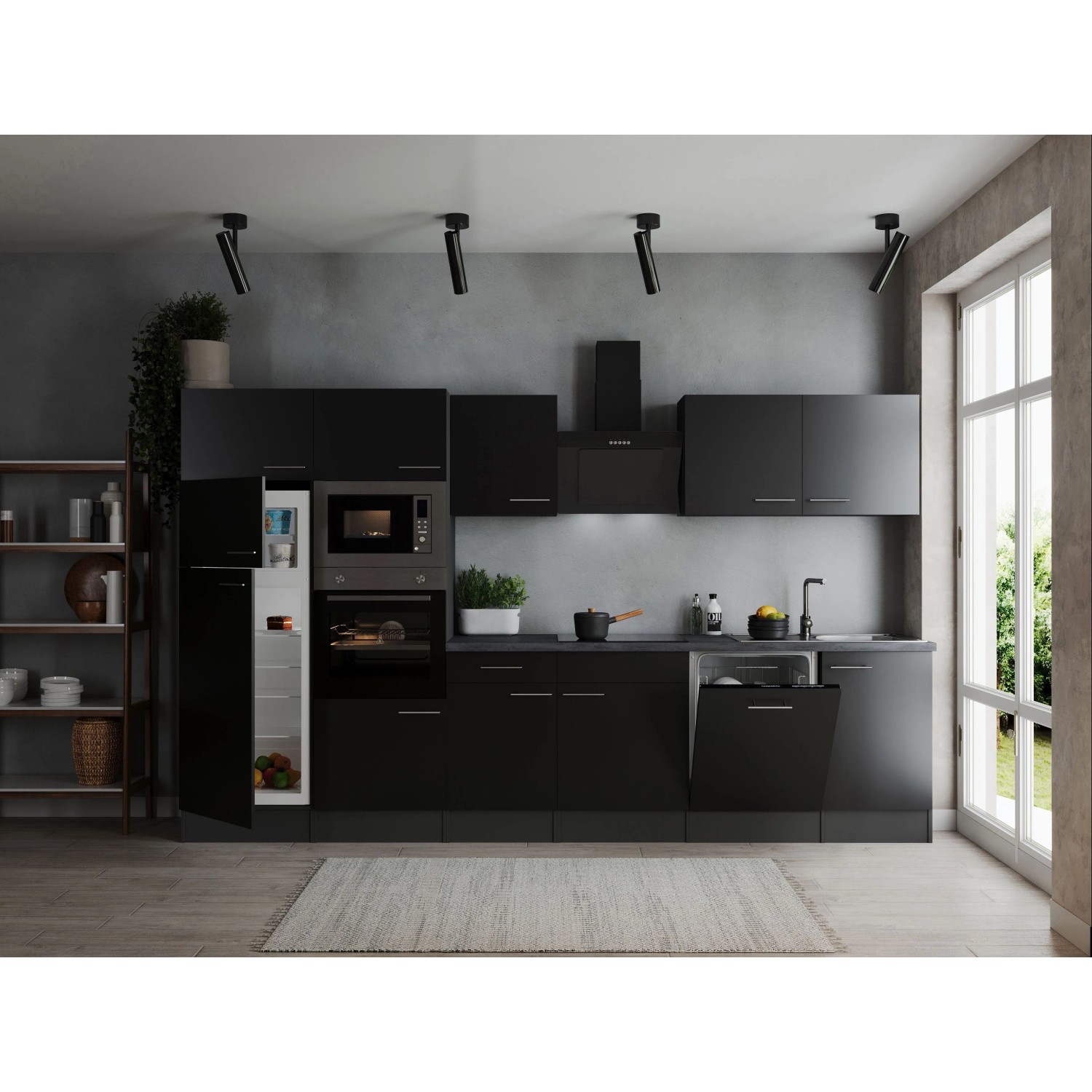 Moderne Respekta Küchenzeile Oliver 340 cm in Schwarz mit E-Geräten.