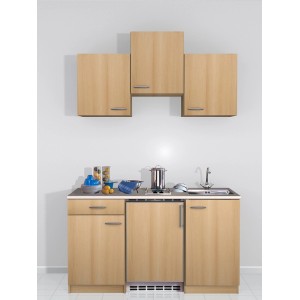 Flex-Well Classic Küchenzeile Nano 150 cm in Buche Nachbildung mit Spüle und Kochfeld.