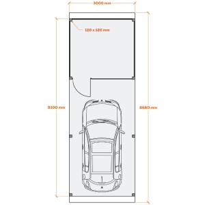 Grundrisszeichnung Holzbrüder Carport Ralf mit Geräteraum, Maße und Auto.