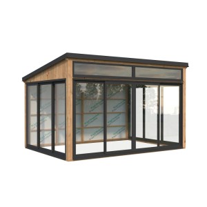 Palmako Holz-Gartenhaus mit Pultdach, 420x297 cm, tauchgrundiert, mit großen Fensterfronten.