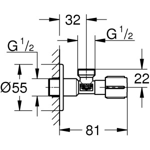 Technische Zeichnung Grohe Eckventil Chrom 1/2 x 1/2 mit Metallgriff, Maße und Details.