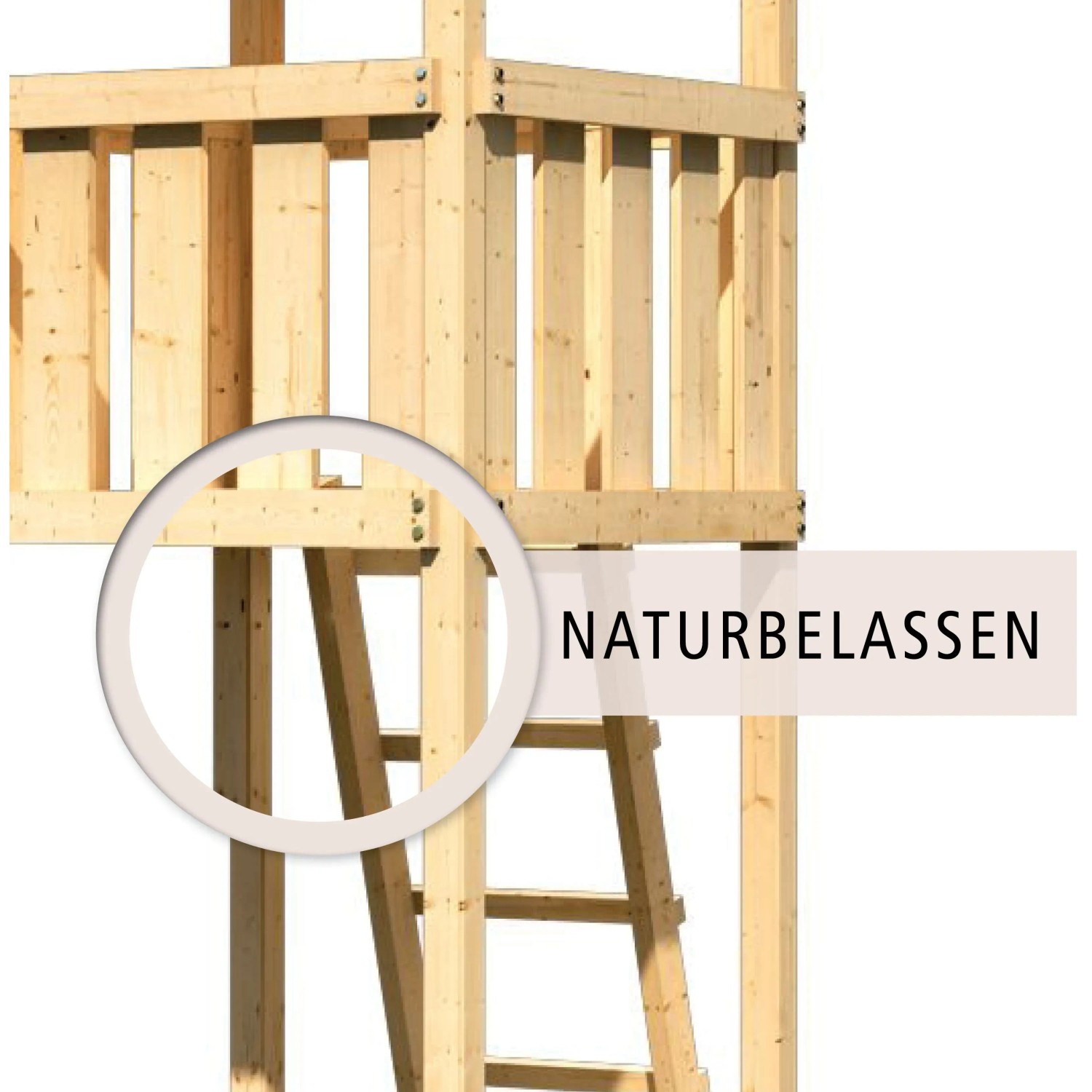 Detailansicht Karibu Ritterburg Löwenherz Spielturm: Holzleiter und naturbelassenes Fichtenholz.