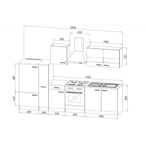 Skizze der Respekta Economy Küchenzeile KB300ESGSC, 300 cm, Grau-Eiche Sägerau, mit Maßen.