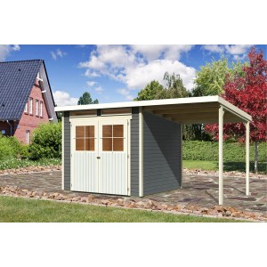 Karibu Holz-Gartenhaus Genf 4 Terragrau mit Anbaudach und Doppeltür.