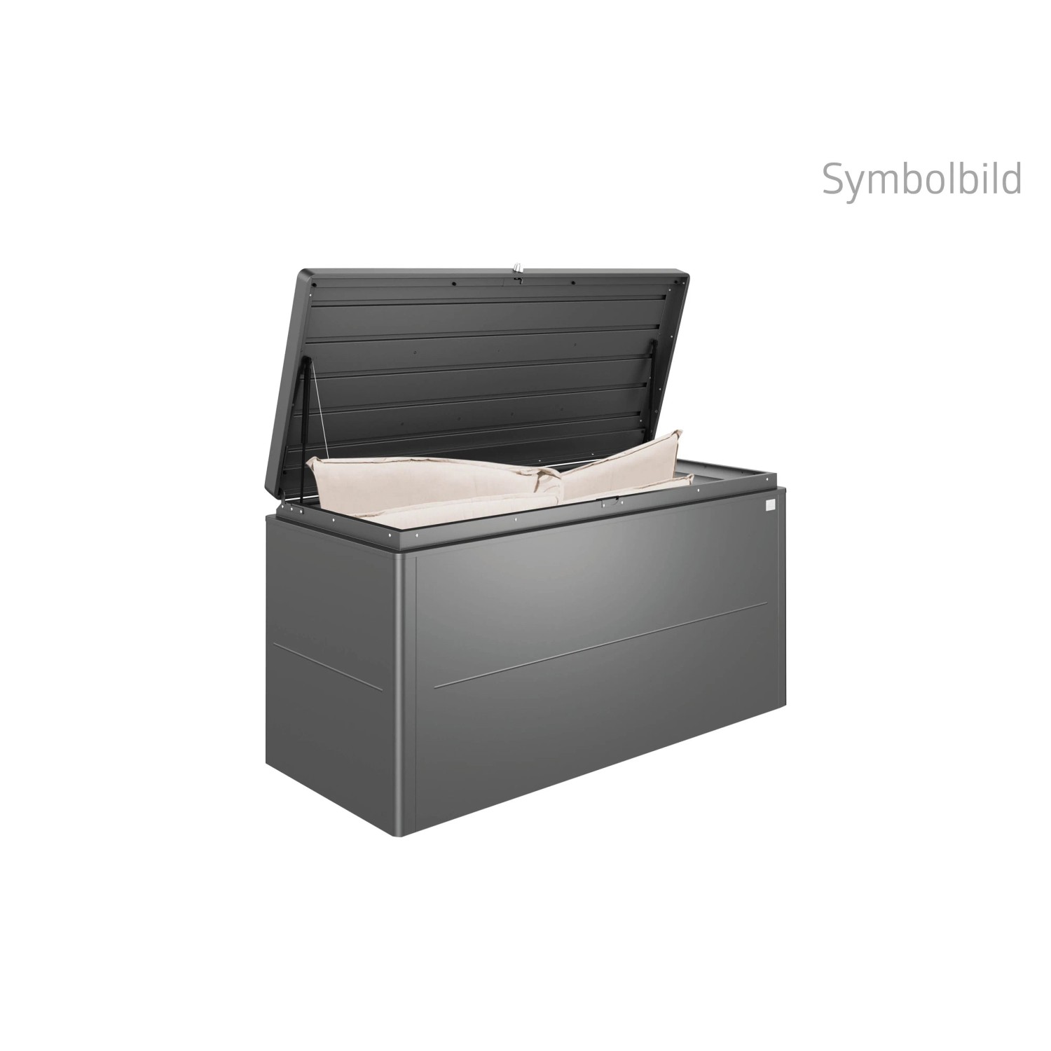 Biohort LoungeBox 200 dunkelgrau-metallic, offen mit Sitzkissen. Regenwasserdichte Universalbox aus Aluminium für Garten.