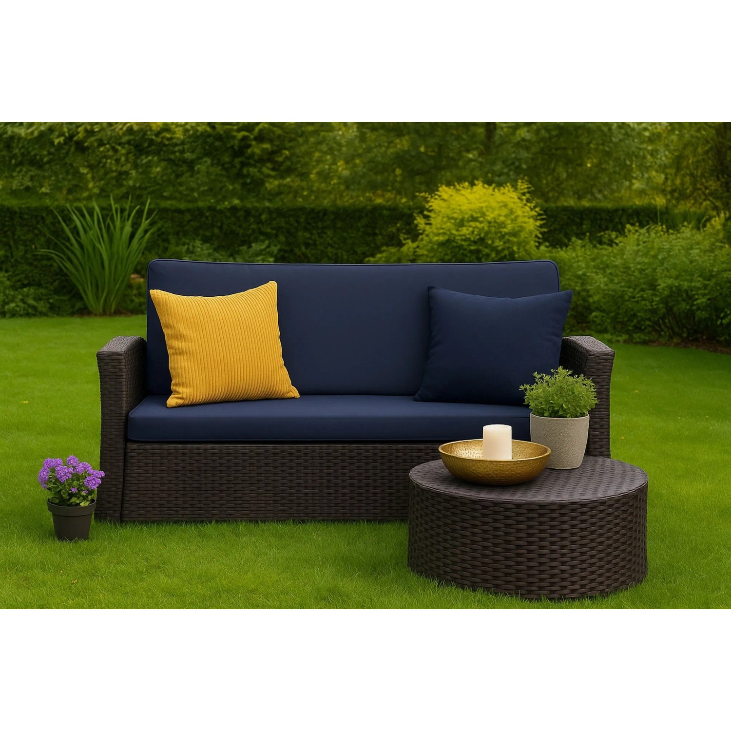 Marineblaues Gartensofa mit gelbem Zierkissen, Teil eines Sets für Polyrattan Möbel.