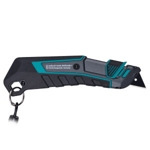 Wolfcraft Sicherheitsmesser Pro Safety mit Köcher, Trapezklinge, grau/türkis. Ideal für sicheres Schneiden.