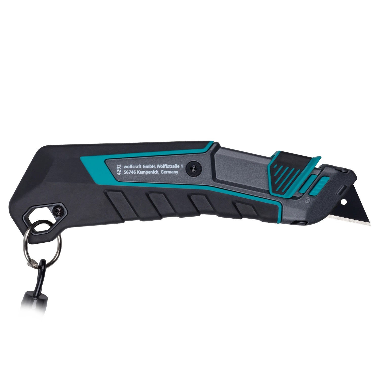 Wolfcraft Sicherheitsmesser Pro Safety mit Köcher, Trapezklinge, grau/türkis. Ideal für sicheres Schneiden.