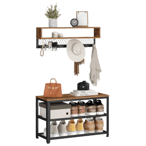 Songmics Wandgarderobe-Set mit Schuhbank, braun-schwarz, 2-teilig. Garderobe mit Haken und Ablage, Schuhregal mit Sitzbank.