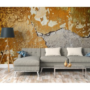 Fototapete Betonwand Industrial Vintage Orange/Grau, passend zu modernem Wohnzimmer mit Sofa und Lampe.