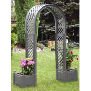 Grauer Rosenbogen mit Pflanzkästen von KHW, Rankhilfe für Kletterpflanzen im Garten.