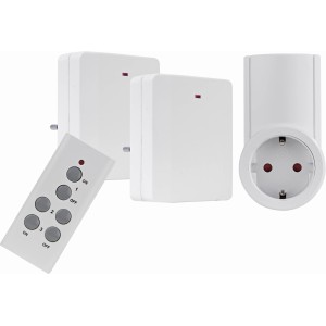 Funkschaltsteckdosen-Set, extra flach, weiß, mit Fernbedienung, Schuko- und Euro-Steckdosen.