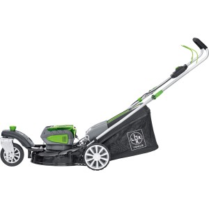 LUX Akku-Rasenmäher A-RM-2x 20/4/33 Set mit 40 l Fangkorb, seitliche Ansicht.