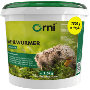 Orni Mehlwürmer Wildvogelfutter: 1,5 kg getrocknete Insekten im weißen Eimer mit Igel und Rotkehlchen auf Etikett.