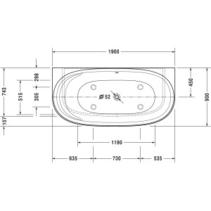 Technische Zeichnung der weißen Duravit Cape Cod Badewanne, 190x90 cm, zur Wandmontage.