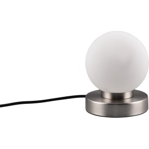 Reality Tischleuchte Prinz II, Nickel Matt, mit weißem Glasschirm. Nachttischlampe mit Touchfunktion.
