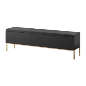 Modernes Selsey TV-Lowboard Bemmi 150 cm in Schwarz mit zwei Türen und goldenen Metallfüßen. Minimalistischer TV-Schrank.