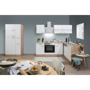 Respekta Winkelküche KBL310ESWS in Weiß und Eiche Sonoma Sägerau Nachbildung mit E-Geräten.