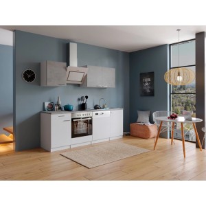 Respekta Economy Küchenzeile KB210WWBSC in Weiß und Beton Optik mit E-Geräten.