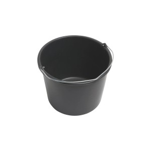 Schwarzer Baueimer mit 20 l Fassungsvermögen und verzinktem Tragebügel.