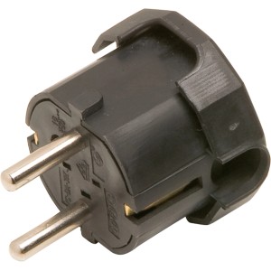 Schwarzer Schutzkontakt-Flachstecker für enge Stellen, 2-polig.