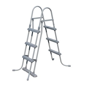 Graue Sicherheitsleiter für Pools mit 2x3 Stufen und hochklappbarem Einstieg.