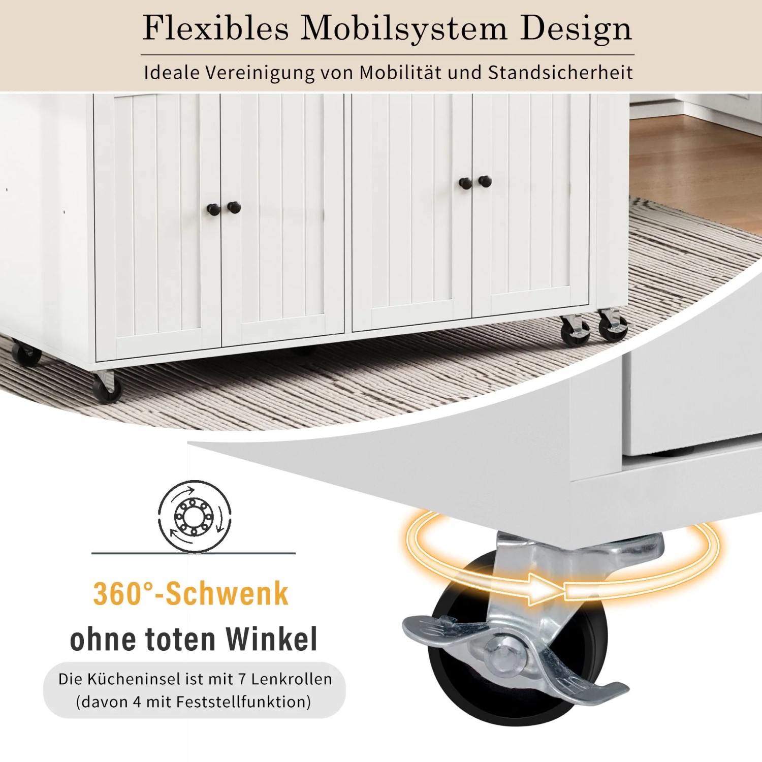 okwish Kücheninsel mit Ausziehfunktion Rollen Schubladen 112-180.5x45x92.2cm Weiß Braun_6