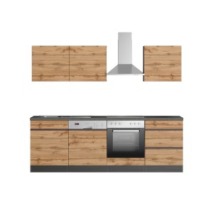 Held Möbel Küchenzeile Turin 240 cm in Wotaneiche-Graphit mit E-Geräten und Dunstabzugshaube.