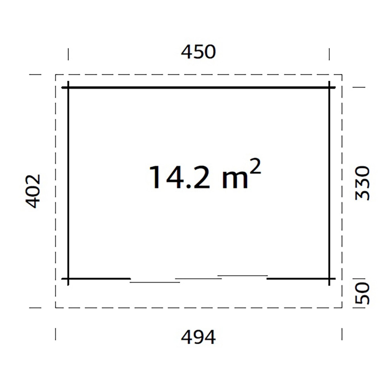 Grundriss Palmako Gartenhaus Lea Slide, 450x330 cm, Holz-Gartenhaus mit 14,2 m² Fläche.