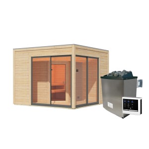 Karibu Saunahaus Cubulis 3, naturbelassen, mit Ofen und externer Steuerung.