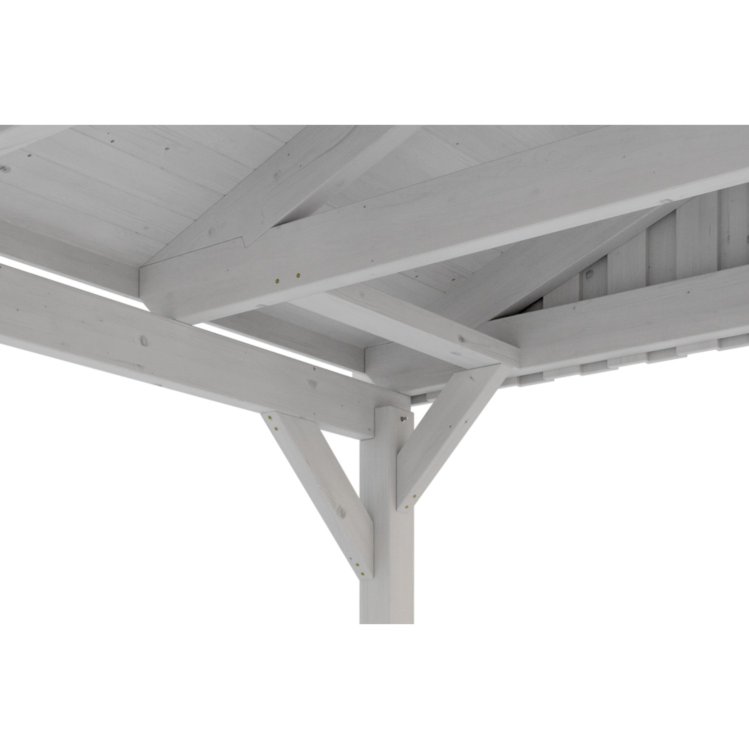 Detailansicht des weißen Skan Holz Carport Fichtelberg mit roter Schindel-Dachkonstruktion.