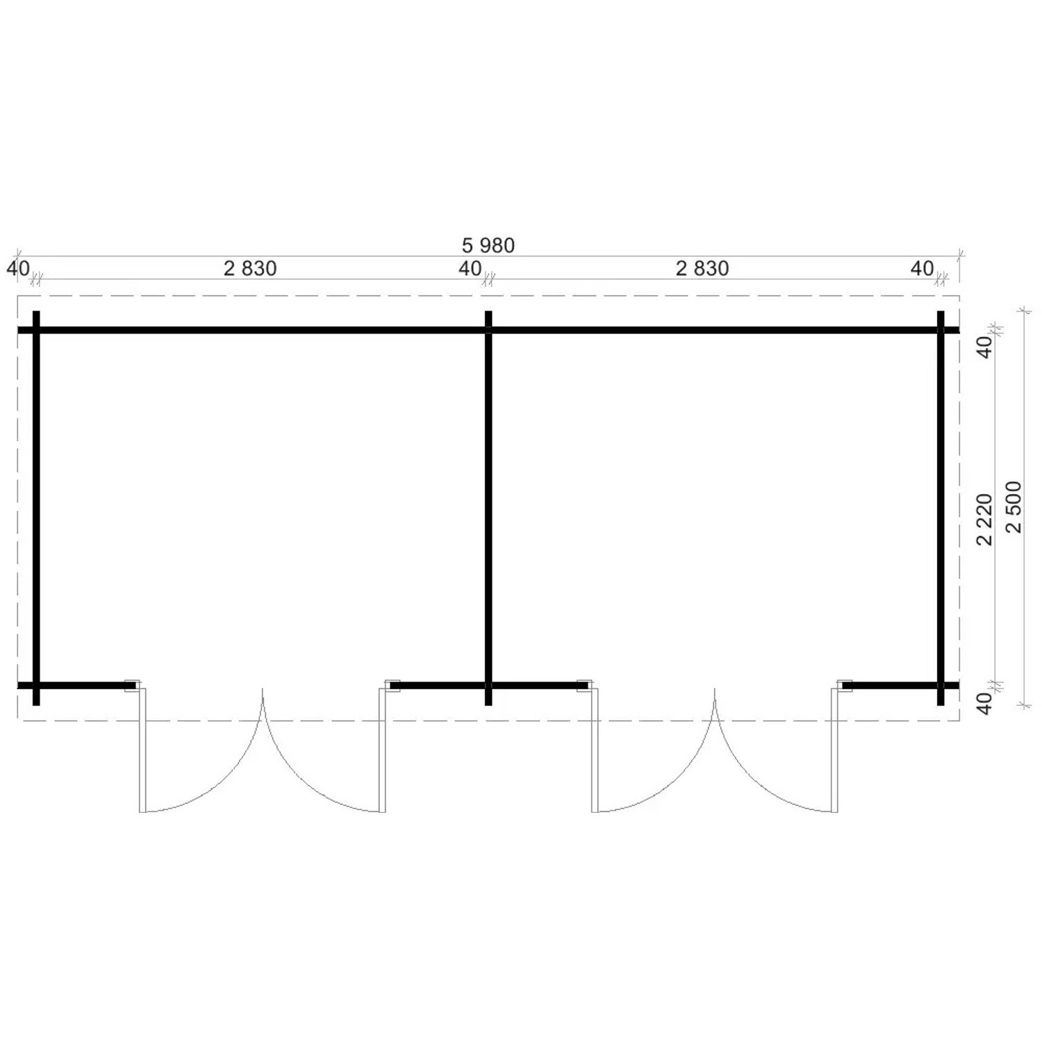 Grundriss Alpholz Gartenhaus Maria Twin, 578x224 cm, Pultdach, unbehandelt.