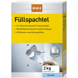 Verpackung OBI Füllspachtel, 2 kg, weiß, für Innenräume. Spachtelmasse zum Ausbessern von Rissen und Löchern.