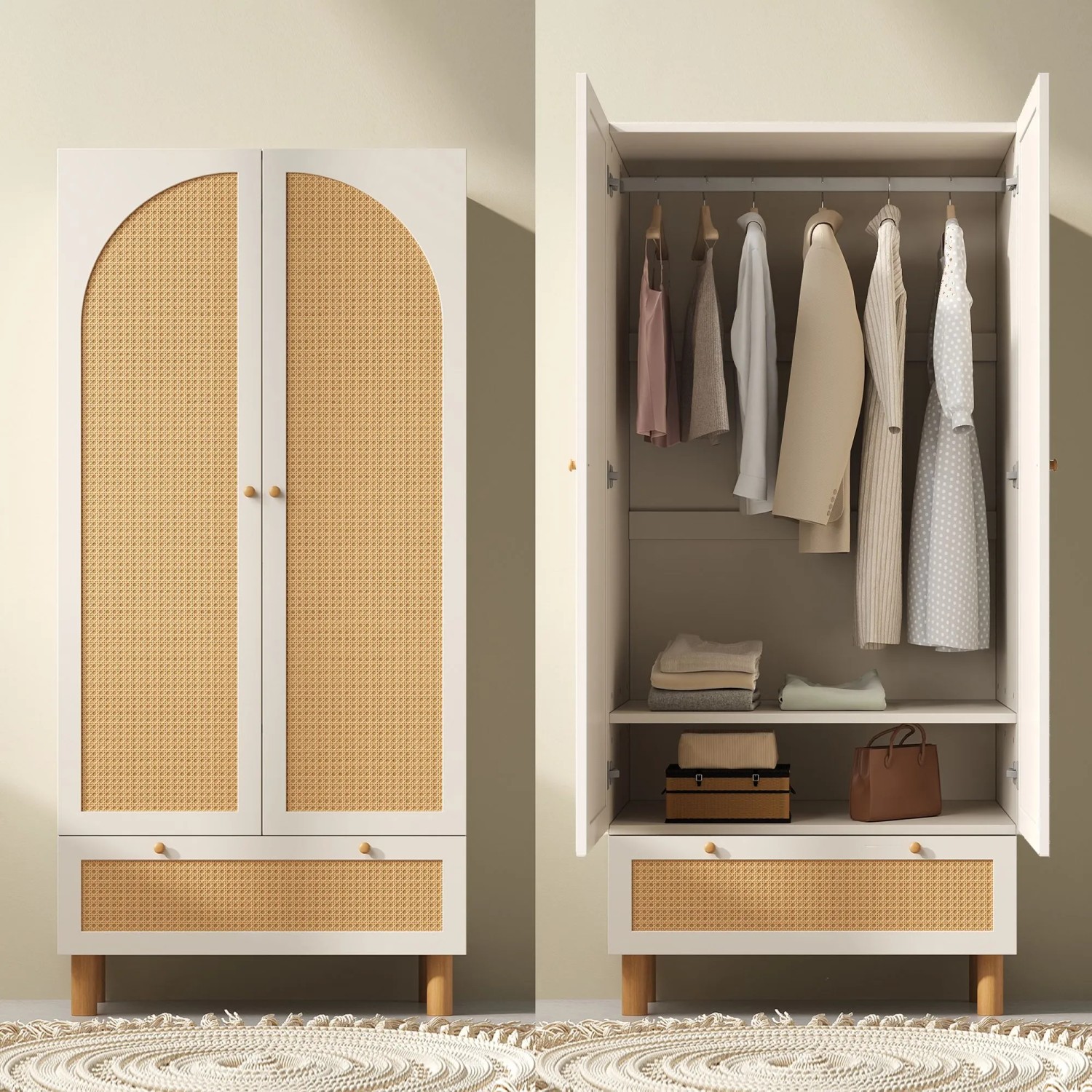 okwish Garderobenschrank mit Rattan Türen Kleiderstange Schlafzimmer 85x52x180cm Weiß kaufen bei OBI