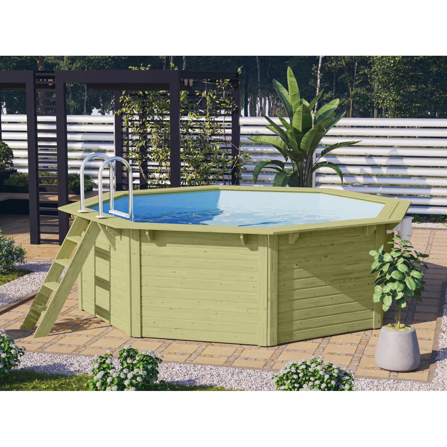 Karibu Holzpool Modell 1 Set mit Filteranlage und Leiter im Garten.