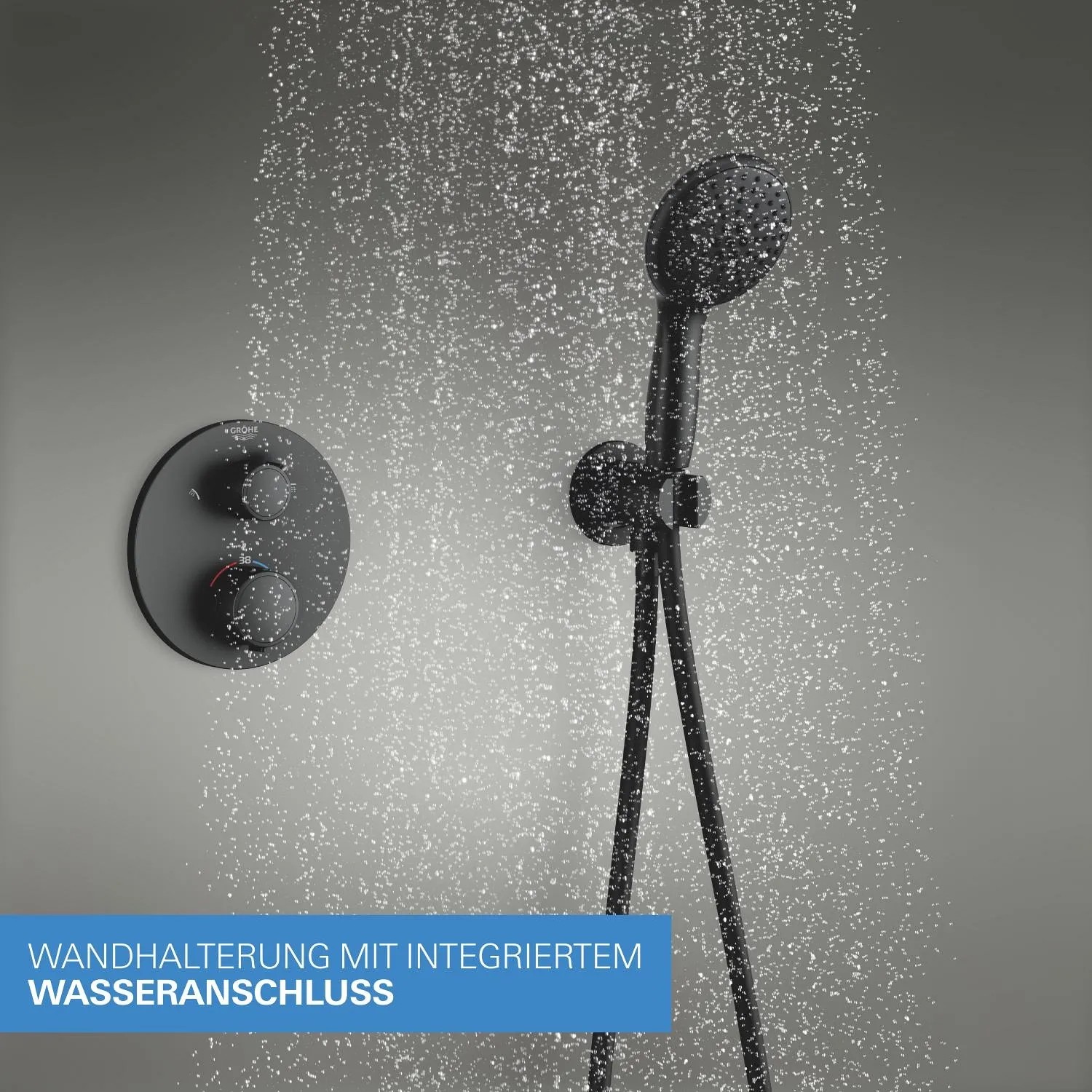 Schwarzes Grohe Precision Thermostat Duschsystem Unterputz mit Vitalio Start 250 Kopf- und Handbrause.
